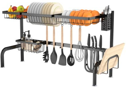 Giantex Égouttoir à Vaisselle à 2 Niveaux avec Longueur Réglable, Grand Séchoir à Vaisselle au-Dessus de l’Évier Antirouille, Support à Vaisselle Double Couche, pour Comptoir de Cuisine, Noir