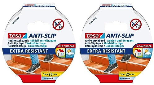 tesa Anti-Rutschband - Rutschfestes Klebeband für innen und außen - Für Treppen, Leitern und glatte Böden - Transparent - 5 m x 25 mm (Packung mit 2)