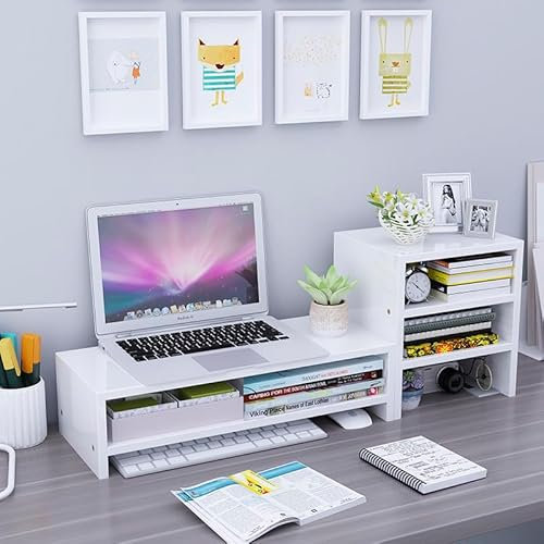 Uwenkjie monitor stand 2-layer wooden computer monitor desktop bracket and 3-layer bookshelf set, suitable for laptops, computer screen risers, with storage shelves, desk storage, white monitor stand