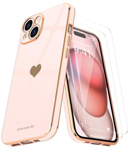 Teageo for iPhone 15 Plus Case with 2 Screen Protector Heart Pattern for Women Girls Luxury Bling Plating Soft TPU Anti-Scratch Shockproof Bumper Phone Case for iPhone 15 Plus, Light Pink