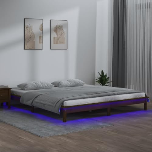 ZQQLVOO Bettgestell Familienbett Palettenbett Massivholzbett mit LED-Beleuchtung Honigbraun 200x200 cm Geeignet für Familienzimmer