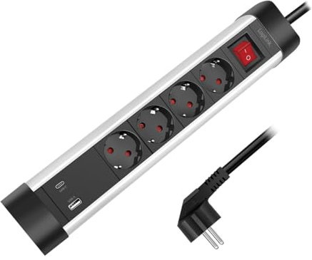 Steckdosenleiste 4-Fach mit EIN/AUS Schalter, 4X Schutzkontaktbuchse (CEE 7/3), 1x USB-A & 1x USB-C Schnellladen, Kabellänge = 1,5m