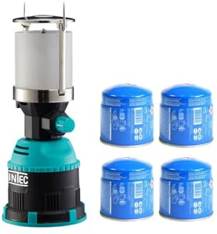 INTEC - Gaslampe 450 W Piezo Laterne Camping Schale ABS + 4 Butangaskartuschen 190 g
