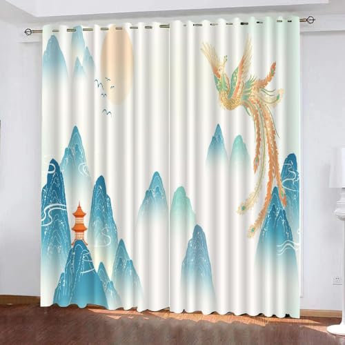 MEVASA Rideau Occultant Style Japonais Rideaux Chambre Enfant Moderne 3D Rideaux Oiseau Phénix Isolant Thermique Anti Froid Polyester Rideaux Petite Fenetre 140x160 cm LxH