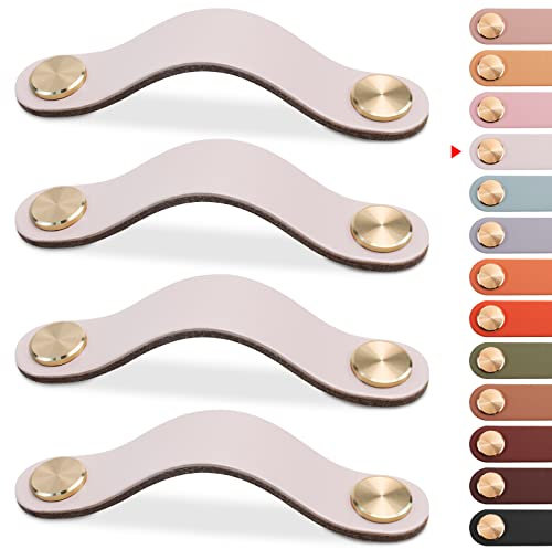LEREATI 4pcs Leather Drawer Handles Drawer Knobs Kitchen Cupboard Handles Leather Drawer Pulls, Door Knobs for Cupboards, Wardrobe, Dresser, Closet (Cream, 160mm Hole Center)