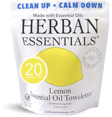 Herban Essentials Lemon Hand Wipes, Travel Facial Wipes, Natural Hand Wipes, Wet Wipes, Individually Packed Body Wipes, 20 Pieces