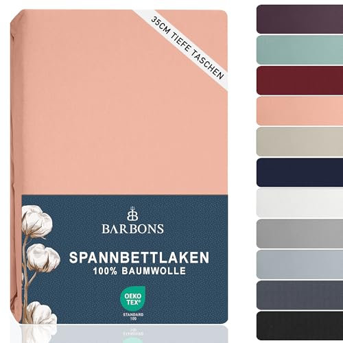 BARBONS Spannbettlaken 120x200cm - 100% Baumwolle Spannbetttuch Oeko-TEX Zertifiziert Bettlaken Jersey Bettwaren und Bettbezug für Boxspringbett und Dicke Matratzen bis 27 cm - Rosa 120 x 200
