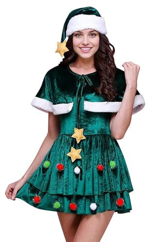 LAEMILIA Womens Christmas Tree Costume Xmas Tree Fancy Dress Outfit Festive Dress Up Ladies Christmas Costumes 2 Pieces Green Velvet Mini Dress Novelty Fun Xmas Party Headwear S-3XL