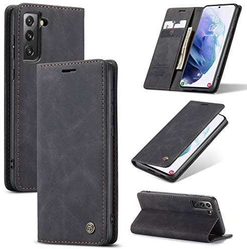 owlhold Hülle Samsung S21 Plus klapphülle Premium Lederhülle Weiches Vintage-Nubukleder Faltbare Ständer Schutzhülle Kartenfach Standfunktion klapphülle Samsung Galaxy S21 Plus 5G -Schwarz