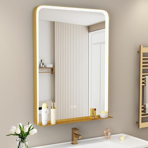 STARLEAD 80x60 cm Miroir-Salle-de-Bain-avec-Eclairage et Tablette, Anti-buée, Miroir-LED-Salle-de-Bain avec 3 Couleurs Lumière, Gradable, IP44 Verre Trempé Miroir-Mural, Cadre Métal Or Brossé