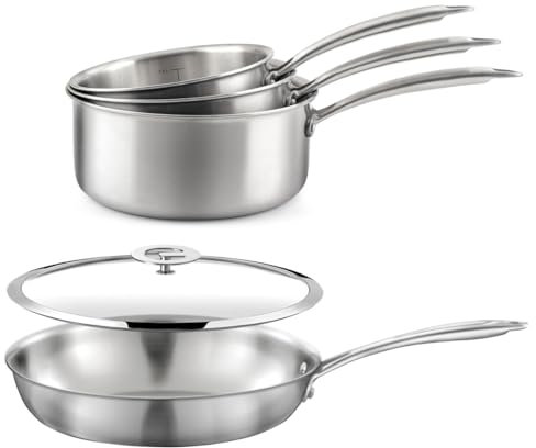 CUISINOX - Gourmet – 3 casseroles 16-18-20 cm, poêle 24 cm, couvercle 24 cm - Poignée fixe - Triply - Compatible tous feux - Acier inox 18/10 - Sans PFAS, PTFE, PFOA - Made in France