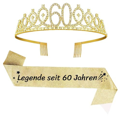 2er Set 60. Geburtstag Schärpe und Tiara Gold Geburtstag Schärpe | Geburtstag Krone 60 Geburtstagskrone Prinzessin Kristall Krone Schärpe für Frauen 60. Geburtstag Geschenke Partyzubehör