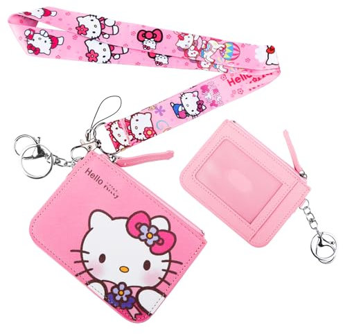 Dekewe Kit-y Geldbörse Kinder, Portemonnaie Kinder, Geldbeutel Jungen Mädchen, Anime Geldbörse für mit Umhängeband und Schlüsselanhänger