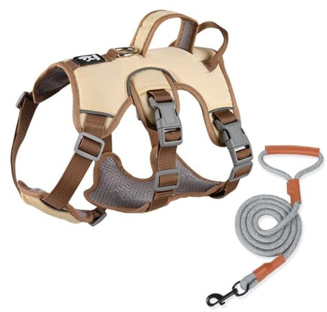 Hundegeschirr für Kleine und Mittelgroße Hunde Anti Zug Hundegeschirr Harness Verstellbar Atmungsaktiv Reflexstreifen Leicht Anzulegen (Beige-C,S)