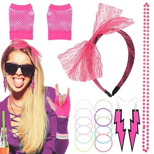Tyqour 7 Stück 80er 90er Jahre Accessoires Damen Set, Rose Stirnband, Blitz Ohrringe, Fischernetz Handschuhe, Halskette, Armband, für 80er 90er Jahre Themenpartys, Neon Partys, Karneval, Halloween