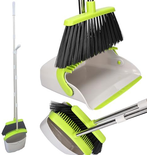 ToolSpace Escoba con mango largo de 130 cm para mejor espalda, juego de recogedor con giro de 180 grados, juego de recogedor extensible para casa, oficina, vestíbulo
