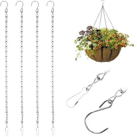 4 Stück Blumenampel Ketten mit Haken 50cm Hängekorbketten Blumentopfkette Schwarz Metallkette Gartenpflanzenbügel für Vogelhaus Vogelfutterhaus Wildvogelfutter Laternen Billboard Windspiele (Silber)