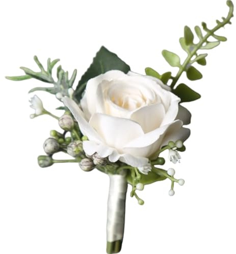 NASSMOSSE Boutonniere for Men Exquisite Romantic White Rose Boutonniere with Greenery 4-5 Inch Artificial Buttonholes for Wedding, Prom, Anniversary