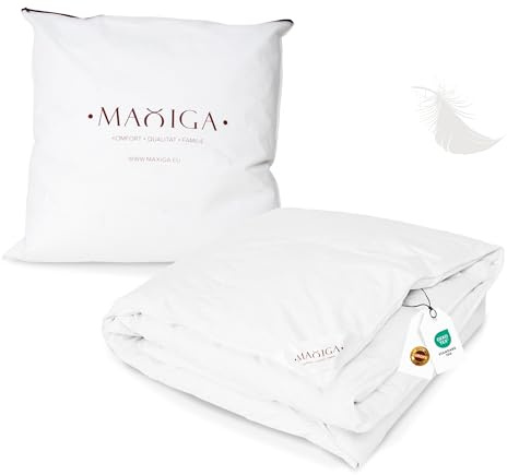 maxiga Sommer Daunendecke 200x200 cm – 80 % Gänsedaunen & 20 % kleine Daunenfederchen, 1600g Füllgewicht, atmungsaktiv, Oeko-TEX Zertifiziert, Allergikerfreundlich, Baumwollhülle