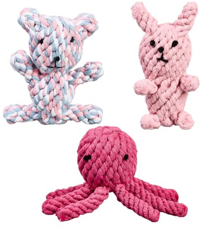 NEXUS - Set da 3 giocattoli per cani in corda di cotone, design carino, giocattolo da masticare resistente per cani piccoli e medi, gioco interattivo N16TOYPROJECT01