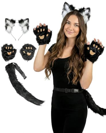 Katze Kostüm & Zubehör-Set für Erwachsene - Haarreif, Tatzen & Schwanz - Einheitsgröße - Karneval & Motto-Party