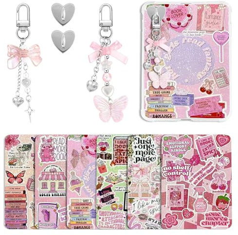 Muorruo 6Pcs Inserts pour Kindle Paperwhite, Set d'accessoires pour liseuse avec 2 Bracelets chaîne pour téléphone, Motif Livre Rose, Coque Transparente DIY Décor, Cadeau de la Saint-Valentin pour