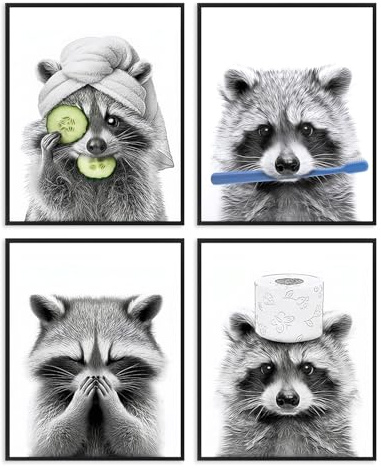 Dazzlewall 4-teiliges Waschbär Wandbild Set, Lustige Badezimmer Motive Schwarz Weiß Kunstdruck für Badezimmer Ohne Rahmen
