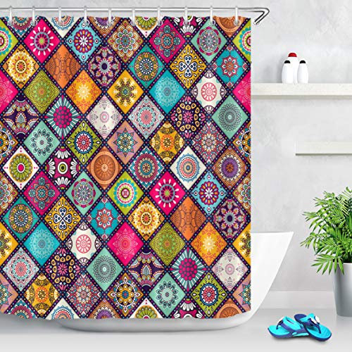 LB Mandala Duschvorhang Blumen im bunten Gitter, böhmische Art Polyester Stoff Extra Lang Bad Vorhänge Wasserdicht Anti Schimmel Badezimmer Deko Heimzubehör mit Vorhanghaken,180X200cm