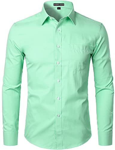 PARKLEES Chemise à manches longues pour homme - Coupe ajustée - Style décontracté - Avec poche, Micro sergé vert clair, XL