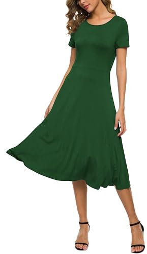 EXCHIC Femme Décontractée Solide Extensible Col Rond Midi Robe Élégant Manche Courte Une Ligne Robes(M, Vert Foncé)
