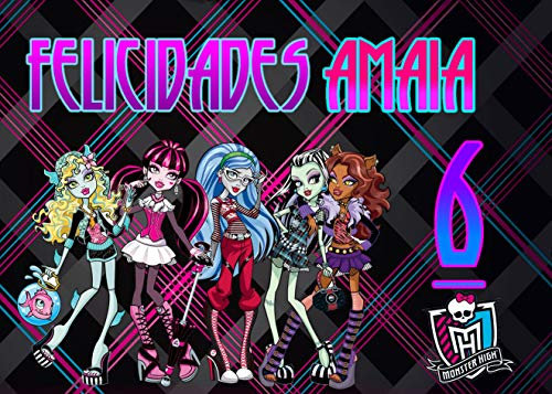 OBLEA de Monster High Personalizada con Nombre y Edad para Pastel o Tarta, Especial para cumpleaños, Medida Rectangular de 28x20cm