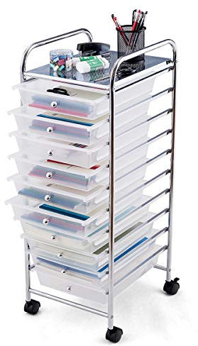 GIANTEX Rollwagen mit 10 stapelbaren Schubladen, Schubladenwagen Badrollwagen Küchenwagen mit feststellbaren Rollen, Aufbewahrungswagen Haushaltswagen Metallgestell für Küche Büro (Transparent)