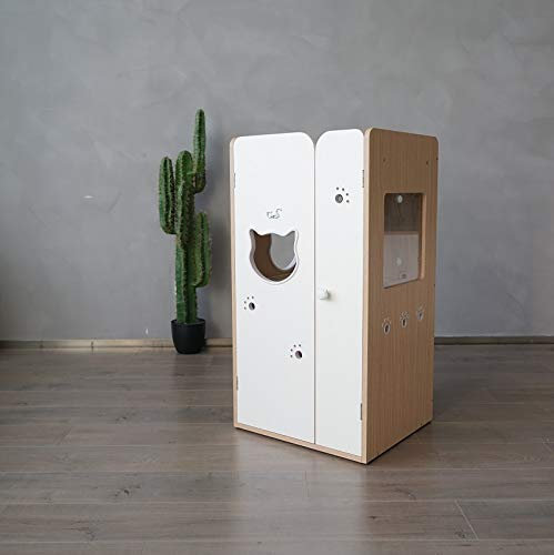 CatS Design Katzentoilette Schrank Eiche-Weiß/Premium Katzenklo Schrank/Katzen Klo inkl. Schaufel, Liegekissen & Anti Rutsch Vorleger