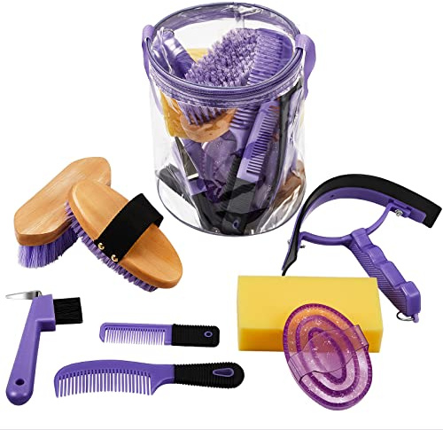 Cunhill 9 Pcs Horse Grooming Kit Tack Room Supplies Set with Tote Bag, Oval Massage Curry, Hard and Soft Brush, Hoof Pick, Sweat Scraper, Bathing Sponge, Comb for Horse Rider(Cute,Purple)