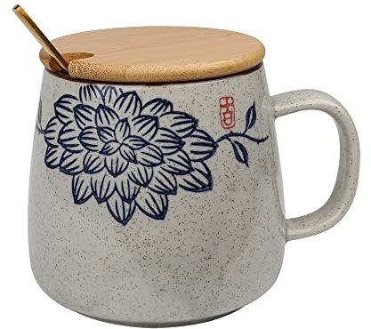 Tasse à café japonaise rétro en céramique, tasse émaillée unique vintage exquise avec cuillère et couvercle, tasse à thé en argile à changement au four, cadeau créatif pour les amis/amoureux (Lotus)