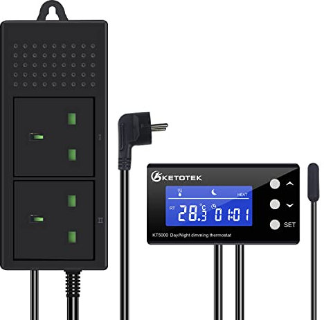 KETOTEK PID Reptile Thermostat Dimming Temperature Controller with Day Night Timer Digital Thermostat Plug Socket Outlet for Aquarium Incubator Heat Lamp (KT5000 UK)