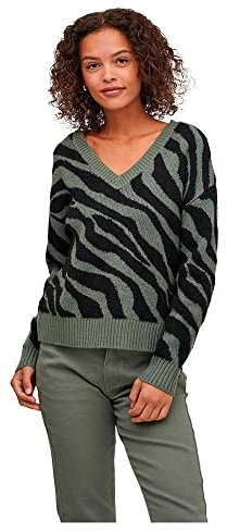 Vila Damen Viril Feami Mix V-neck L/S Knit Top Noos Pullover, Laurel Wreath/Pattern:with Black,L