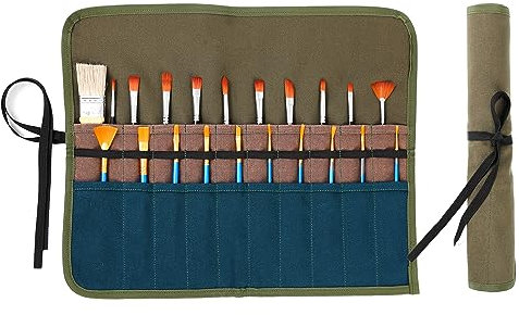 Kaaltisy Artist Paintbrush Holder - Heavy Duty 16OZ Waxed Canvas Pencil & Brush Roll Up Case, Multi-Purpose 20 Slots Brush Roll Up Case | Army Green | 43x33cm