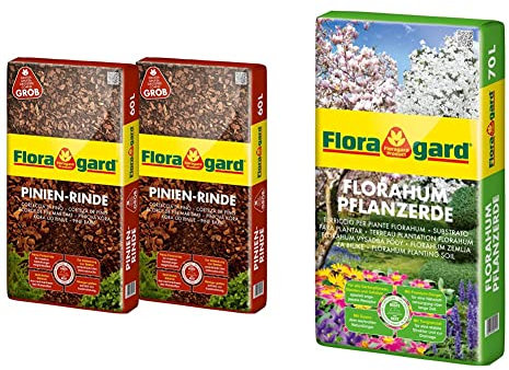 Floragard Mulch Pinienrinde 25-40 mm 2x60 L • grob • dekorativer Bodenbelag 120 L & Floragard Florahum Pflanzerde 70 L • Universalerde • für Blumenbeete