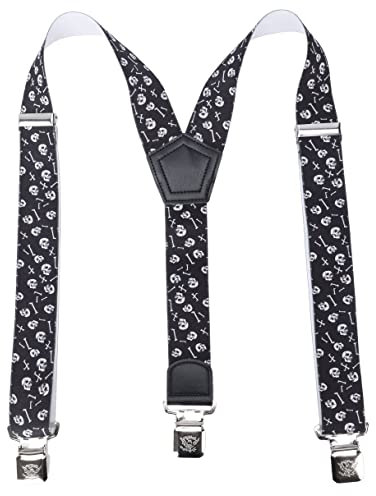 Leoodo Hosenträger Herren Damen Breit Y-Form für Arbeitshosen Skihose Motoradhose Fest lustig mit 3er Starken Clips und verschiedenen Motiven, HT Farbe:Schwarz Knochen