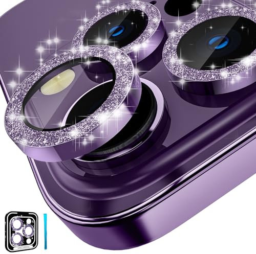 CloudValley Caméra Arrière Protecteur Compatible avec iPhone 14 Pro and iPhone 14 Pro Max, [Alliage d'aluminium], Couverture Complet & 9H Dureté Film Protection Lentille, Scintillants Violet