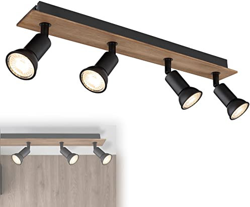 bmf-versand® Deckenstrahler 4 Flammig Schwenkbar - Deckenleuchte mit 4 Spots Schwarz Holz Optik - Deckenlampe Wohnzimmer Modern - Strahler Küche Fassung GU10