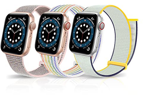 LanQii Correa Compatible con Apple Watch Series 10 42 mm/9/8/7 41 mm/Watch SE 2/1 40 mm, Nailon Banda Pulseras Repuesto para Apple Watch Series 6/5/4 40 mm/3/2/1 38 mm, Rosa+Blanco+Arcoiris