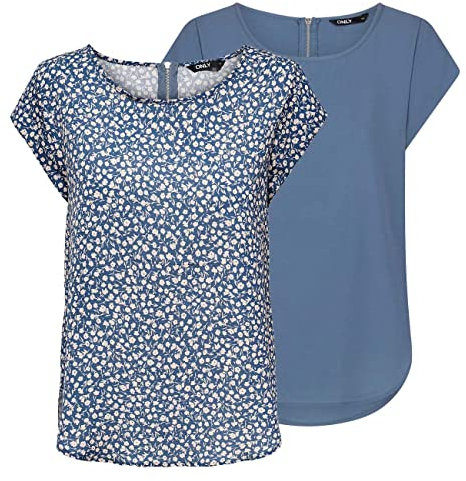 ONLY Tshirt Damen Regular Fit ONLVIC 2er Pack Rundhals Kurzarm Bluse Top Sommer Basic Muster Einfarbig Blau 36, Größe:36, Farbe:Blue Mirage (15284243)