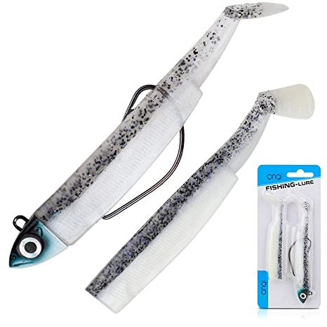 DONQL Gummifische mit Jigkopf wählbar 9cm 25g, 9cm 15g, 7cm 10g, 7cm 5g | Gummiköder Zander | Gummifische Zander Köder Gummifisch Set | Gummiköder Angelköder Set Raubfisch (7cm | 10g, Blauer Glitzer)