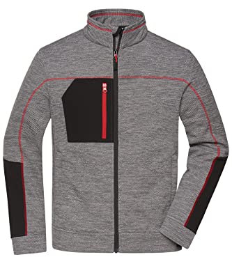 James & Nicholson Herren Strickfleece Jacke - Strickfleecejacke in Melange-Optik und Kontrastnähten | Farbe: carbon-melange/black/red | Grösse: L