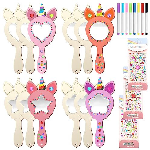 TOPJOWGA Einhorn Basteln, 23 Stücke DIY Holzspiegel Handwerk für Kinder, Mini Holz Einhorn Spiegel, Holzspiegel zum Basteln, Unvollendete Handspiegel, Holzspiegel zum Bemalen für DIY Kinder Malen