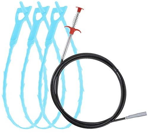 sourcing map Desagüe Atascado Extracción Herramienta 120 Pulgadas Alcantarillado Limpieza Gancho Inoxidable Acero y 3uds 20 Pulgadas PP Desatascar Fregadero Azul Alcantarillado