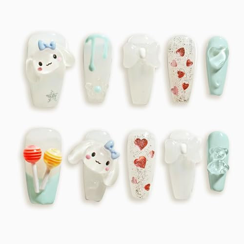 Sun&Beam Nails Handmade Press-on Nails Medium Long Coffin Ballerina White Colourful 3D Dog Cute Design False Tips 10Pcs (#111 M)