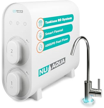 NU Aqua Système d'osmose inverse sans réservoir – Système de filtre à eau à osmose inverse sous évier à 3 étapes – 2:1 – Robinet intelligent de comptoir de cuisine à DEL – Système de filtration d'eau